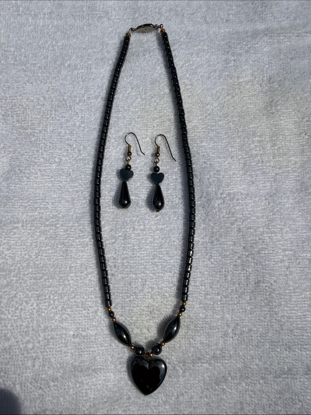 Genuine Hematite Heart Necklace & Matching Earrings Set